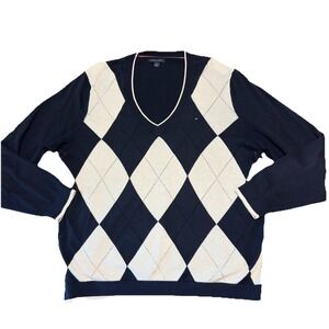Tommy Hilfiger Argyle Sweater Women's XXL Long Sleeve Jumper Designer V Neck Y2K